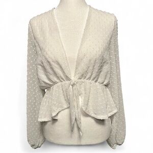 Boho Cottagecore White Swiss Dot Long Sleeve Tie Waist Top